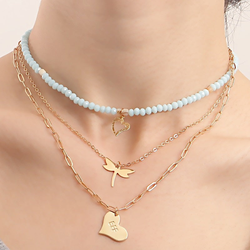 Bohemian Colorful Beads Shell Heart Layered Necklace For Women