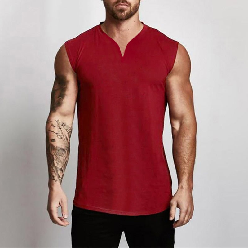 Plain Cotton V-neck Fitness Tank Top Men