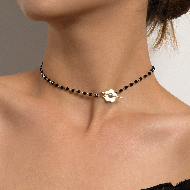 Luxury Black Crystal Glass Bead Chain Choker Necklace