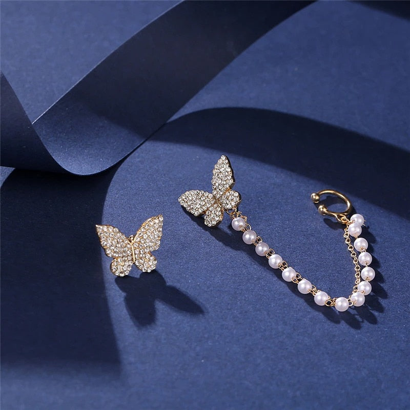 Zircon Pearl Chain Asymmetrical Butterfly Earrings