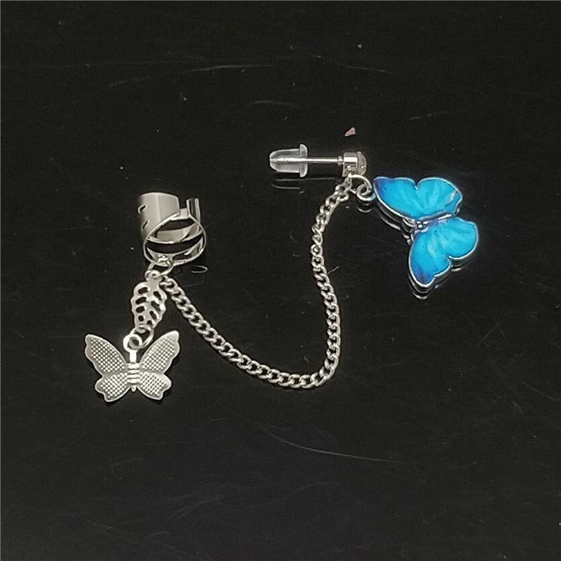Zircon Pearl Chain Asymmetrical Butterfly Earrings