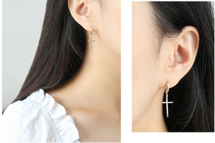 Silver Cross Dangle Earrings For Women