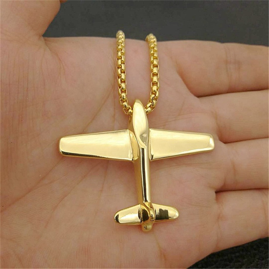 Aircraft Airplane Necklace & Pendant With Stainless Steel Chains For Men Gold Color Men's Hip Hop Jewelry Gifts - Shopeasywear