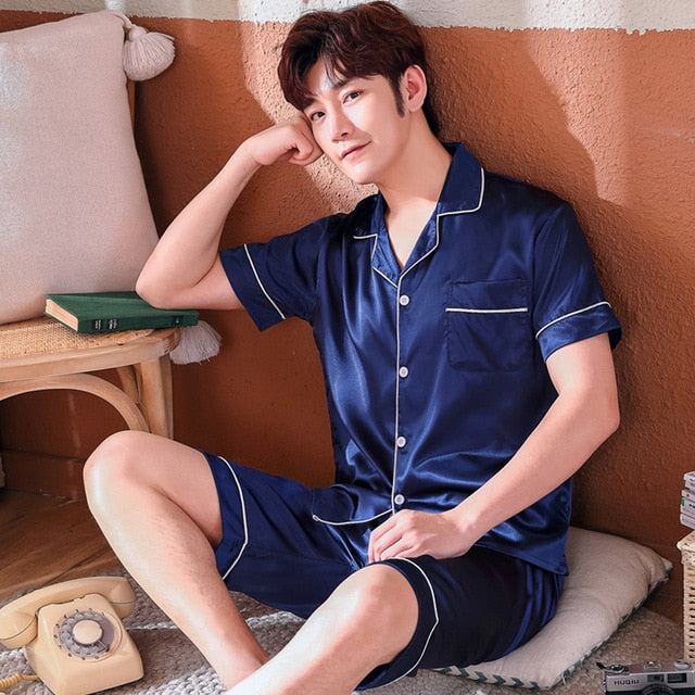 New Summer Men Silk Pajamas