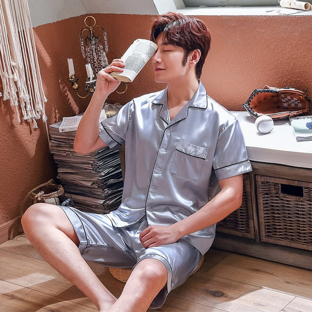 New Summer Men Silk Pajamas