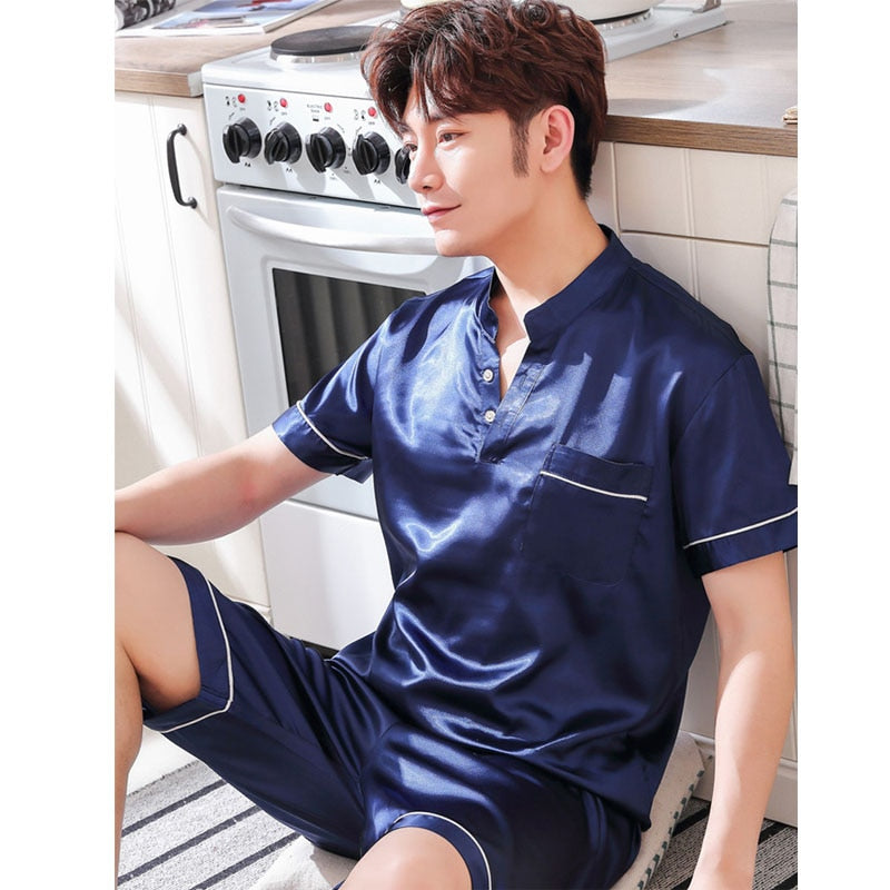 New Summer Men Silk Pajamas
