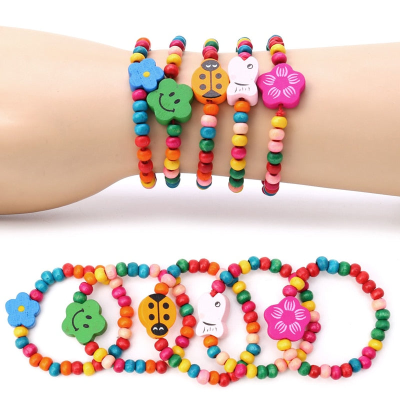 5Pcs Lovely Kids Children Wood Elastic Bead Bracelets Birthday Party Jewelry Gift - Shopeasywear