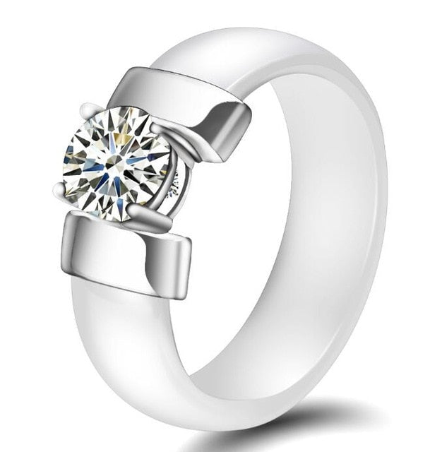 6mm White Black Ceramic Rings Plus Cubic Zirconia For Women Gold Color Stainless Steel Women Wedding Ring Engagement Jewelry - Shopeasywear