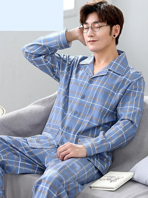 Spring Autumn Large Elastic Men Pajamas Set