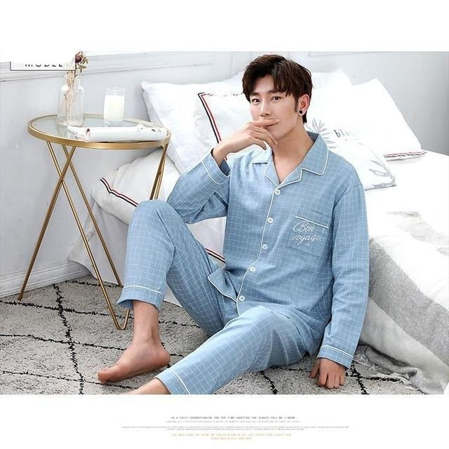 Spring Autumn Large Elastic Men Pajamas Set