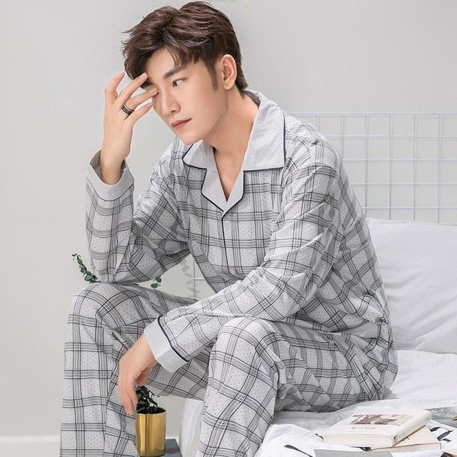 Spring Autumn Large Elastic Men Pajamas Set