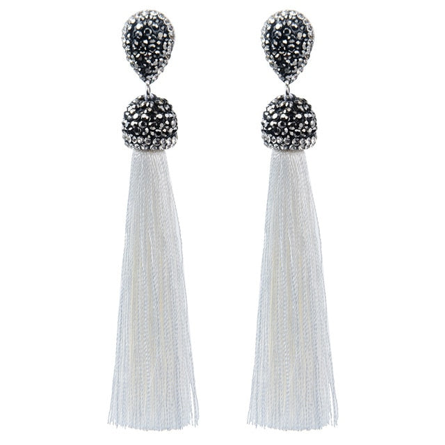 Handmade 12 Colors Long Tassel Earrings Bohemian Black Red Pink White Blue Silk Crystal Dangle Drop Earrings For Women Jewelry - Shopeasywear