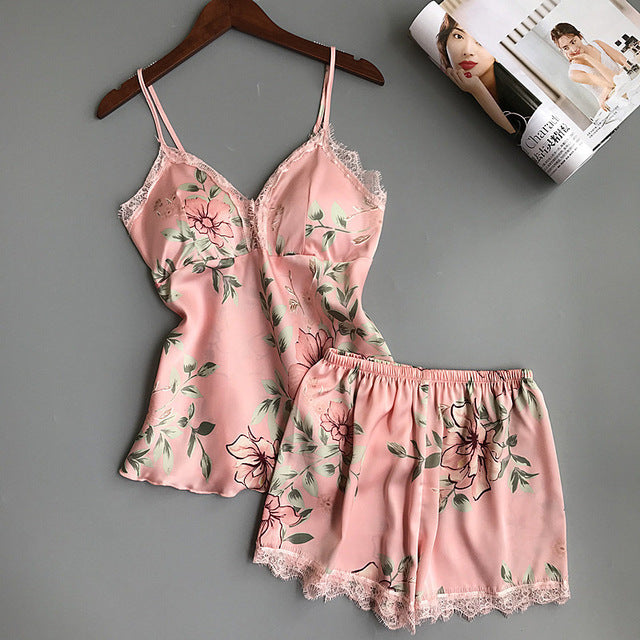 Spaghetti Strap Printing Lace Sexy Women Pajamas