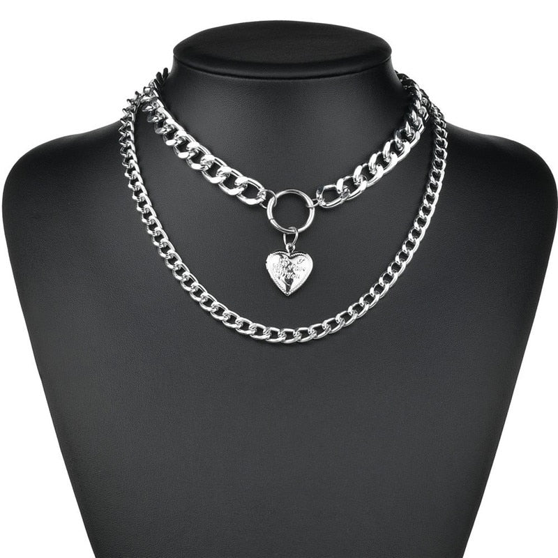 LETAPI Punk Metal Heart Choker Necklace For Women Big Thick Chain Round Hollow Multilayer Pendant Long Necklaces Jewelry - Shopeasywear