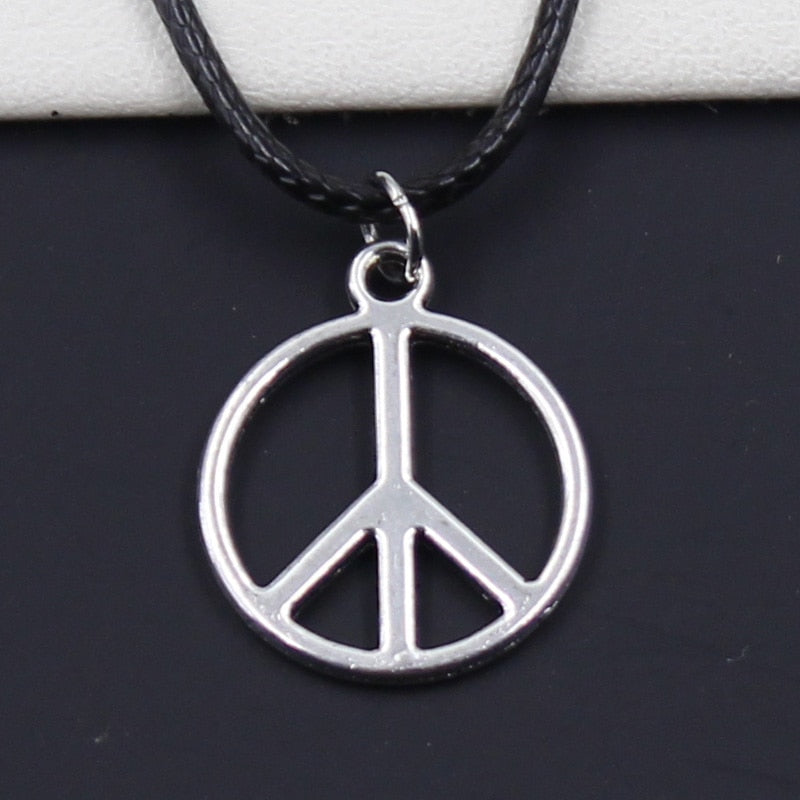New Durable Black Faux Leather Peace Sign Symbol Pendant Cord Choker DIY Necklace Retro Boho Tibetan Silver Color - Shopeasywear