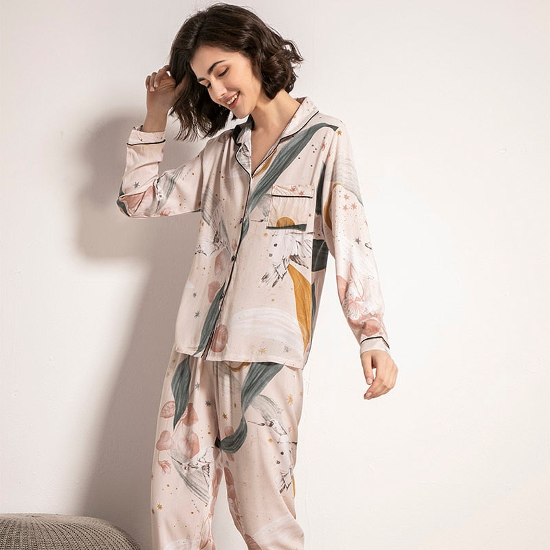 Starry Sky And Floral Printed Women Pajamas Set