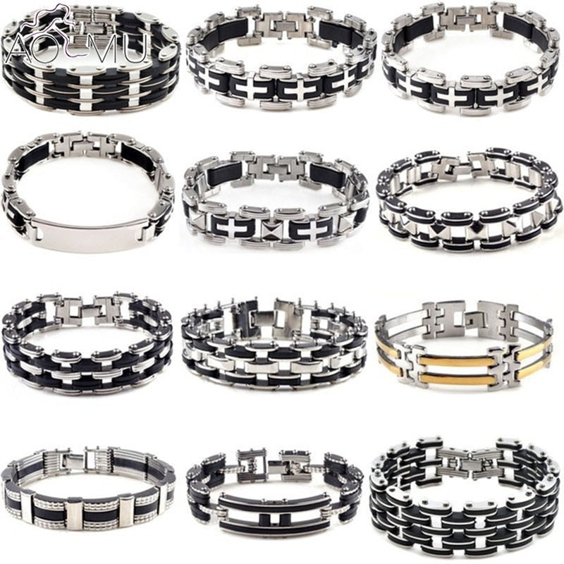 AOMU Men Silver Stainless Steel Link Chain Bracelets & Bangles Men's Cuff Wristband Biker Motorcycle Black Silicone Bracelet - Shopeasywear