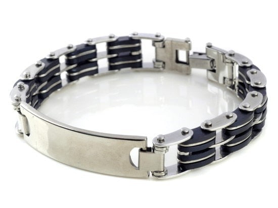 AOMU Men Silver Stainless Steel Link Chain Bracelets & Bangles Men's Cuff Wristband Biker Motorcycle Black Silicone Bracelet - Shopeasywear