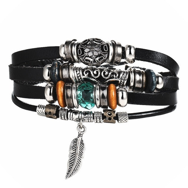 Leaf Feather Multi layer Leather Bracelet - Shopeasywear