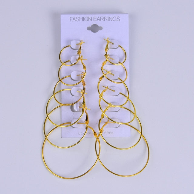 6 Pairs/Set Big Circle Hoop Earrings For Women
