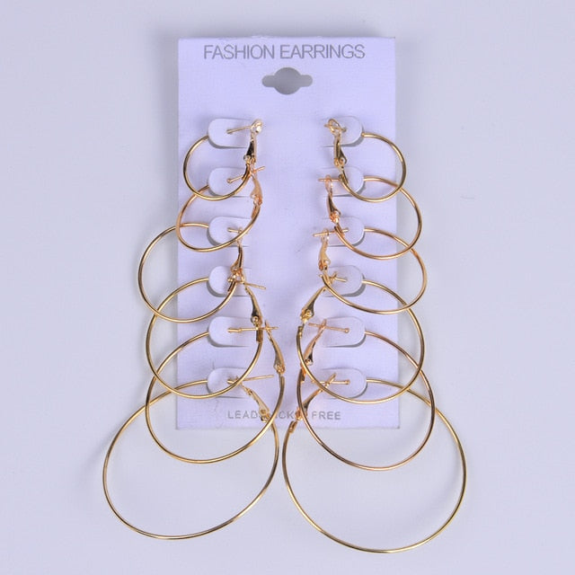 6 Pairs/Set Big Circle Hoop Earrings For Women