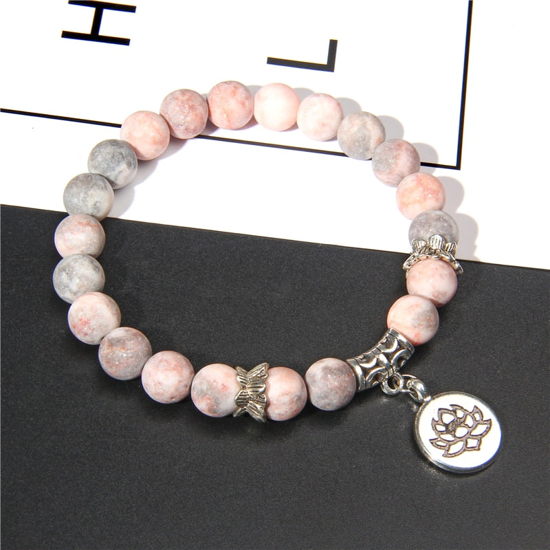 Handmade Natural Stone Lotus Ohm Buddha Beads Bracelet Pink Zebra Stone Lotus Charm Bracelet for Women Men Yoga Jewelry Gifts - Shopeasywear