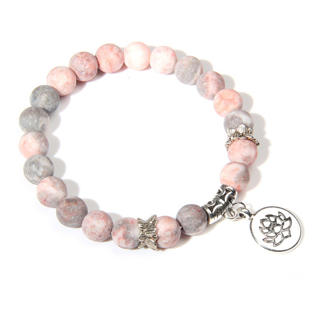 Handmade Natural Stone Lotus Ohm Buddha Beads Bracelet Pink Zebra Stone Lotus Charm Bracelet for Women Men Yoga Jewelry Gifts - Shopeasywear