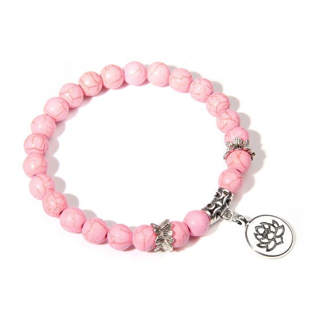 Handmade Natural Stone Lotus Ohm Buddha Beads Bracelet Pink Zebra Stone Lotus Charm Bracelet for Women Men Yoga Jewelry Gifts - Shopeasywear
