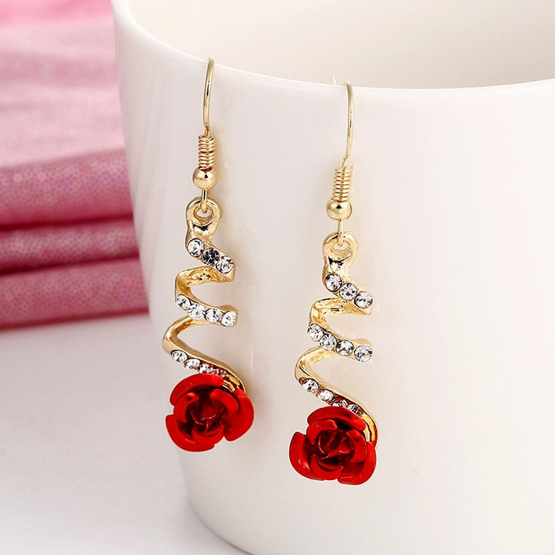 2019 Fashion Jewelry Ethnic Red Rose Drop Earrings Big Rhinestone Earrings Vintage For Women Rose Gold Spiral Dangle Earring - Shopeasywear