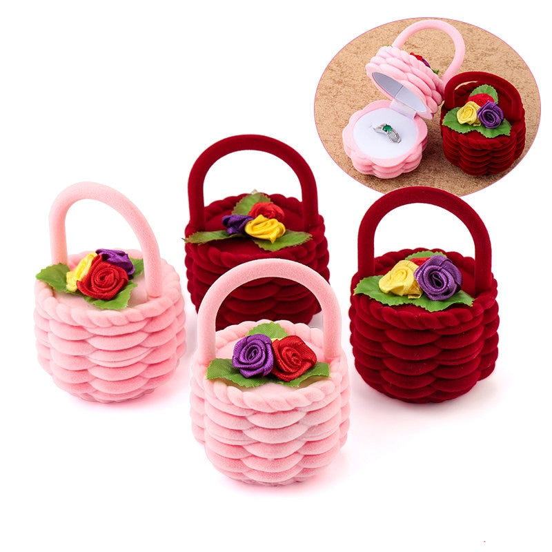 1 Piece cute Flower basket Velvet Wedding Engagement Ring Box Gift Box Holder for Earrings Necklace Display Jewelry case - Jeglow store