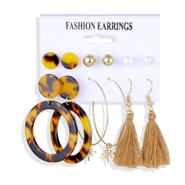Bohemian Leopard Acrylic Pearl Earrings Set - Shopeasywear