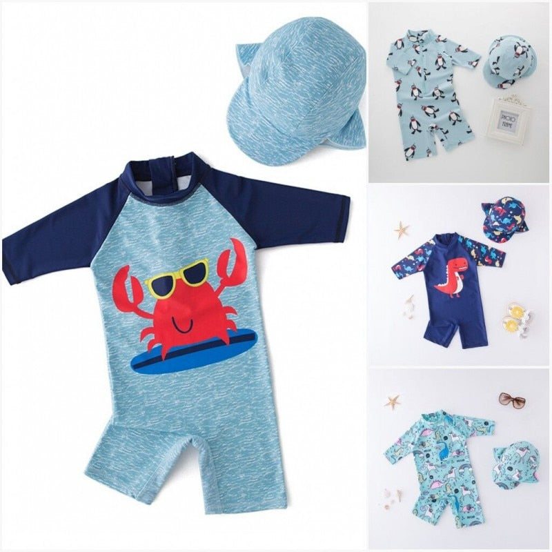 2 Pcs Baby Boy Swimwear+Hat Set