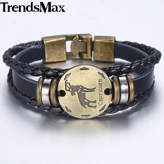 12 Zodiac Sign Horoscope Men's Leather Bracelet Vintage Retro Charm Wristband Male Jewelry Gifts for Men Leo Cancer Aries LBM136 - Jeglow store
