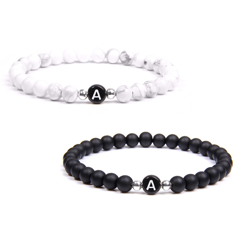 Black White Stone DIY id 26 Letters Bracelet for Women Men couple Jewelry Name Friendship Lucky Bead Bracelet Kids Family Gift - Shopeasywear