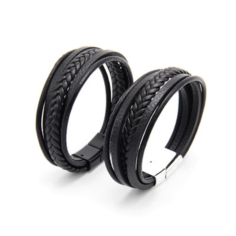 2019 fashion hand-woven multi-layer men's jewelry jewellery celebrity wind vintage alloy magnetic buckle leather bracelet - Shopeasywear