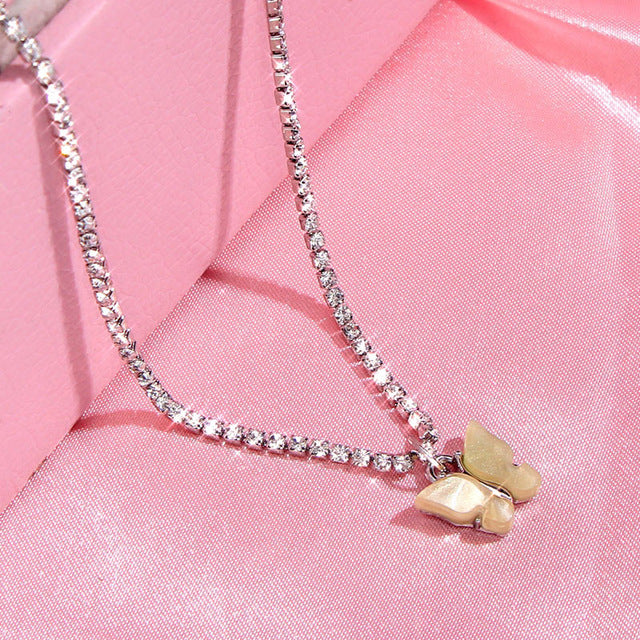 JJFOUCS Fashion Butterfly Crystal Chain Necklace For Women Acrylic Resin Silver Color Choker Necklace Jewelry Wedding Gift - Shopeasywear