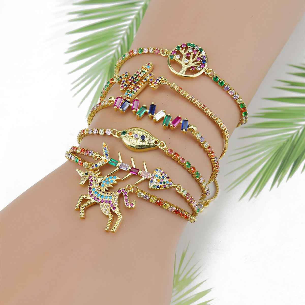 Random Rainbow CZ Women Bracelet Tree of Life Unicorn Shell Charms Tennis Gold Color Chain Bracelets & Bangles For Women Jewelry - Shopeasywear