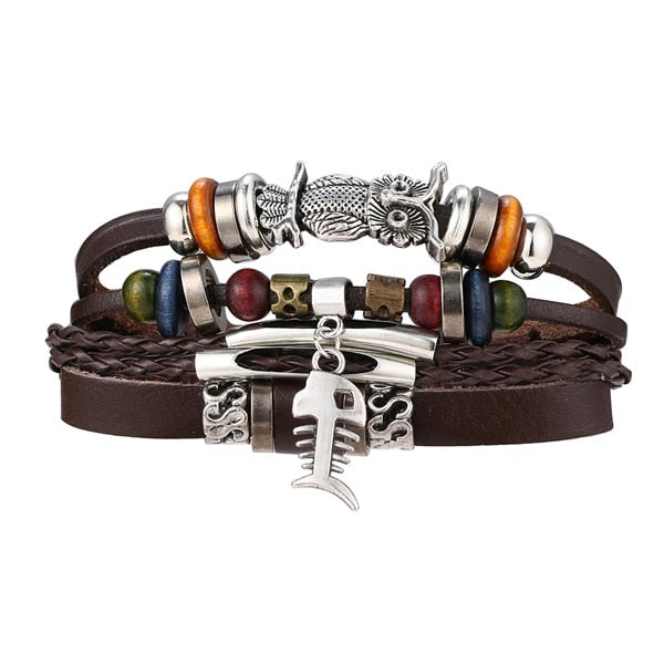 IFMIA Vintage Leather Bracelet Fashion Hand-knitted Multi-layer Leather Feather Leaf Bracelet and Fashion Men's Bracelet Gift - Shopeasywear