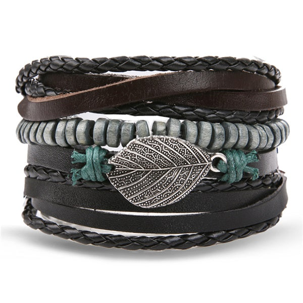 IFMIA Vintage Leather Bracelet Fashion Hand-knitted Multi-layer Leather Feather Leaf Bracelet and Fashion Men's Bracelet Gift - Shopeasywear