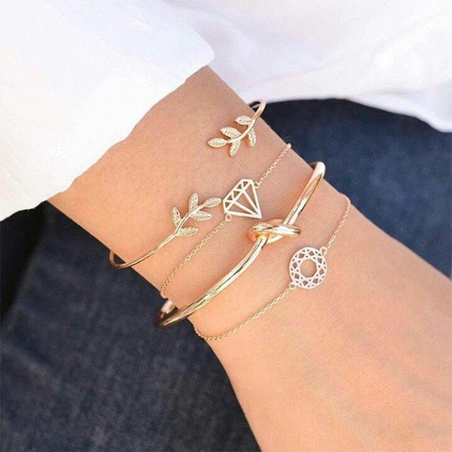 4 pcs/set Fashion Bohemia Leaf Round Knot cuff Bangle Gold Chain Charm Bracelet Bangle for Women Simple Geometric Bracelets - Shopeasywear