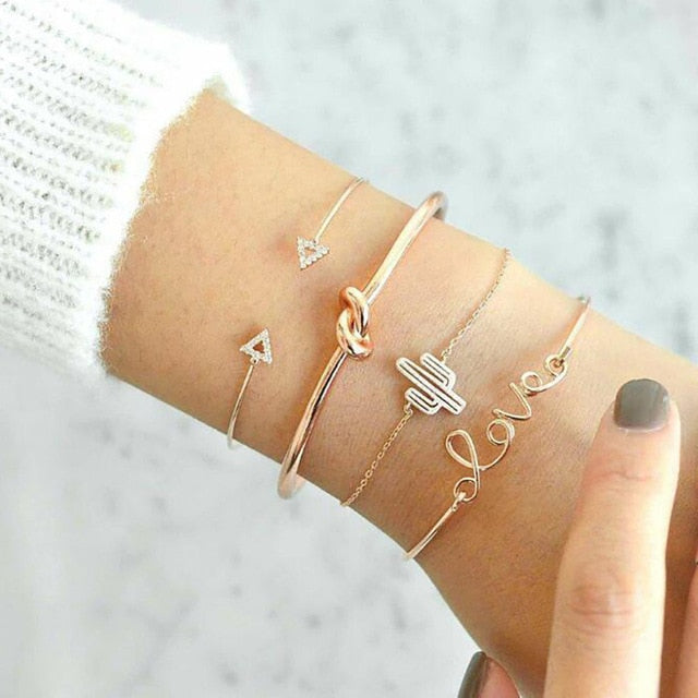 4 pcs/set Fashion Bohemia Leaf Round Knot cuff Bangle Gold Chain Charm Bracelet Bangle for Women Simple Geometric Bracelets - Shopeasywear