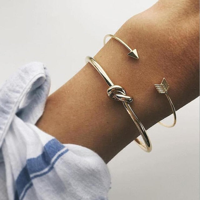 4 pcs/set Fashion Bohemia Leaf Round Knot cuff Bangle Gold Chain Charm Bracelet Bangle for Women Simple Geometric Bracelets - Shopeasywear