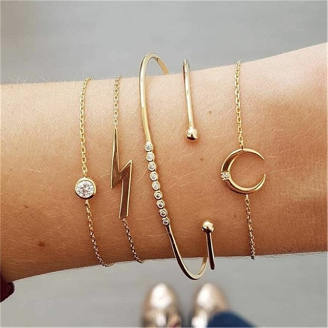 4 pcs/set Fashion Bohemia Leaf Round Knot cuff Bangle Gold Chain Charm Bracelet Bangle for Women Simple Geometric Bracelets - Shopeasywear