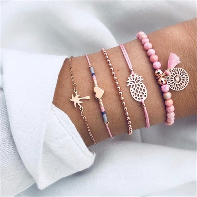 4 pcs/set Fashion Bohemia Leaf Round Knot cuff Bangle Gold Chain Charm Bracelet Bangle for Women Simple Geometric Bracelets - Shopeasywear