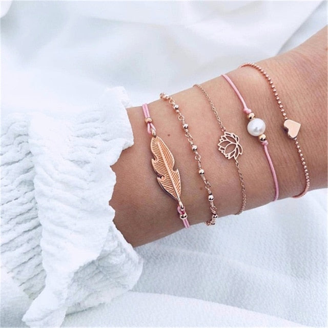 4 pcs/set Fashion Bohemia Leaf Round Knot cuff Bangle Gold Chain Charm Bracelet Bangle for Women Simple Geometric Bracelets - Shopeasywear