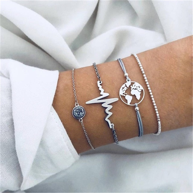 4 pcs/set Fashion Bohemia Leaf Round Knot cuff Bangle Gold Chain Charm Bracelet Bangle for Women Simple Geometric Bracelets - Shopeasywear