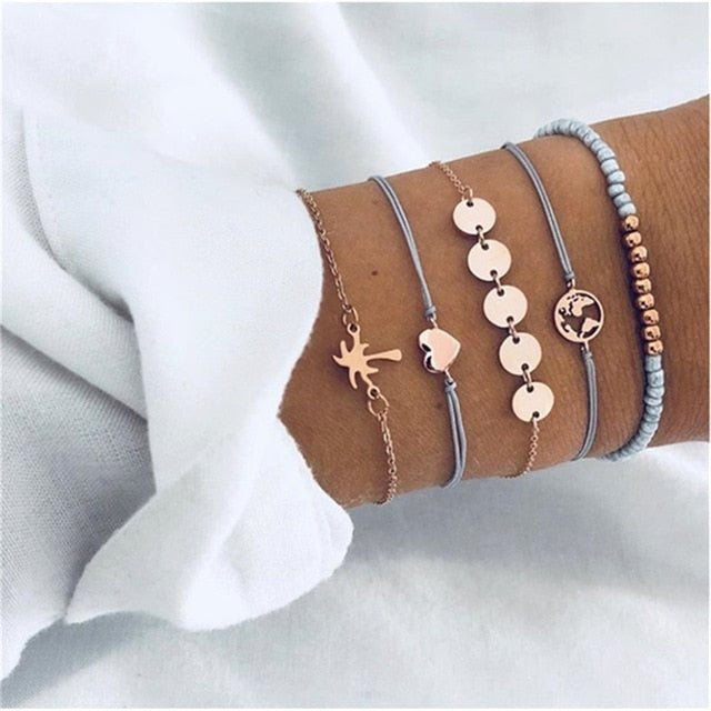 4 pcs/set Fashion Bohemia Leaf Round Knot cuff Bangle Gold Chain Charm Bracelet Bangle for Women Simple Geometric Bracelets - Shopeasywear