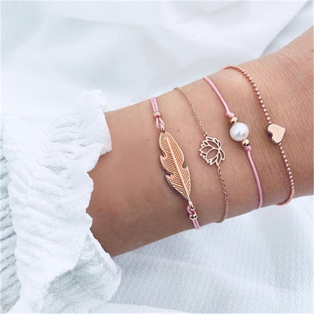 4 pcs/set Fashion Bohemia Leaf Round Knot cuff Bangle Gold Chain Charm Bracelet Bangle for Women Simple Geometric Bracelets - Shopeasywear