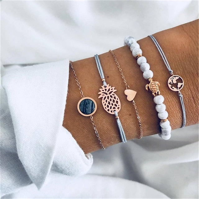 4 pcs/set Fashion Bohemia Leaf Round Knot cuff Bangle Gold Chain Charm Bracelet Bangle for Women Simple Geometric Bracelets - Shopeasywear