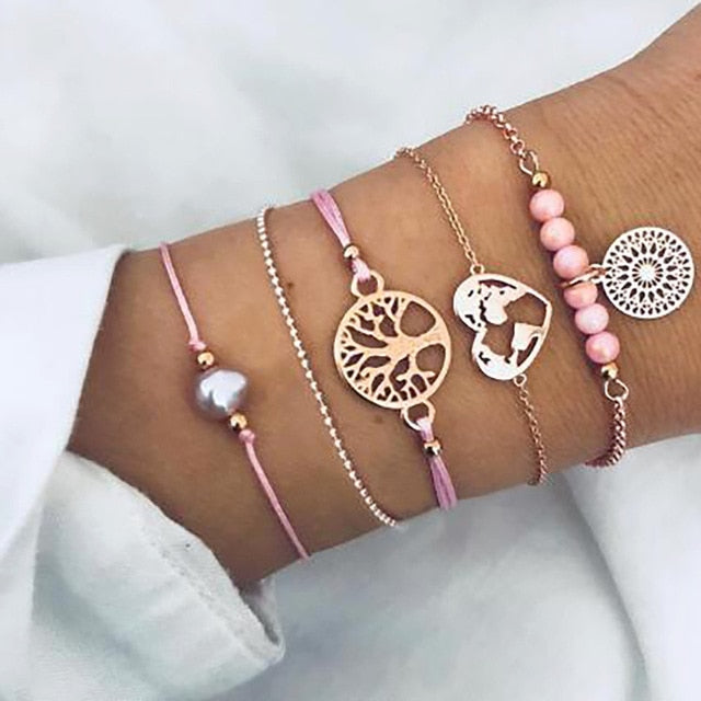 4 pcs/set Fashion Bohemia Leaf Round Knot cuff Bangle Gold Chain Charm Bracelet Bangle for Women Simple Geometric Bracelets - Shopeasywear